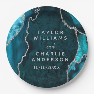 Teal Blue and Silver Agate Marble Wedding Paper Plate