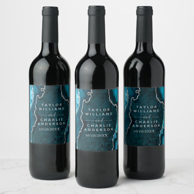Teal Blue and Silver Agate Marble Wedding Wine Label (Bottles)