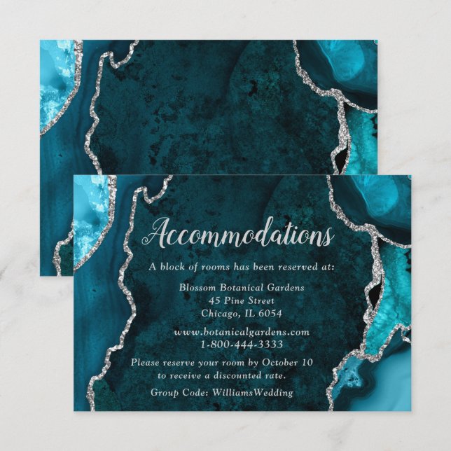 Teal Blue and Silver Agate Wedding Accommodations Enclosure Card (Front/Back)