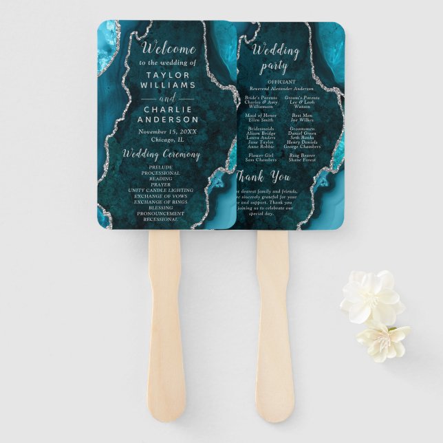 Teal Blue and Silver Agate Wedding Program Hand Fan (Front and Back)