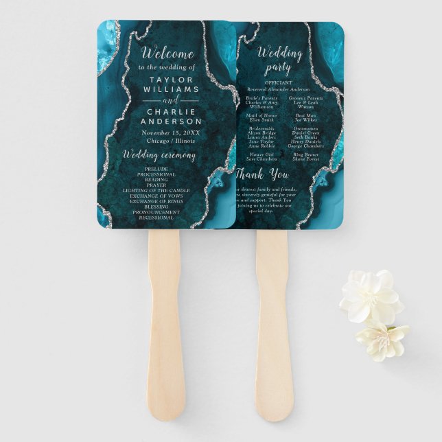 Teal Blue and Silver Agate Wedding Program Hand Fan (Front and Back)