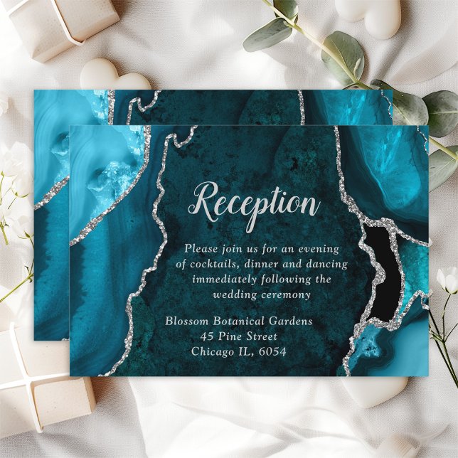 Teal Blue and Silver Agate Wedding Reception Enclosure Card (Creator Uploaded)