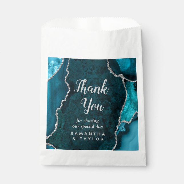 Teal Blue and Silver Agate Wedding Thank You Favour Bags (Front)