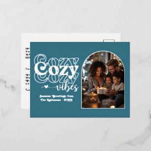 Teal Blue and Silver Cosy Vibes Retro Christmas Foil Holiday Postcard