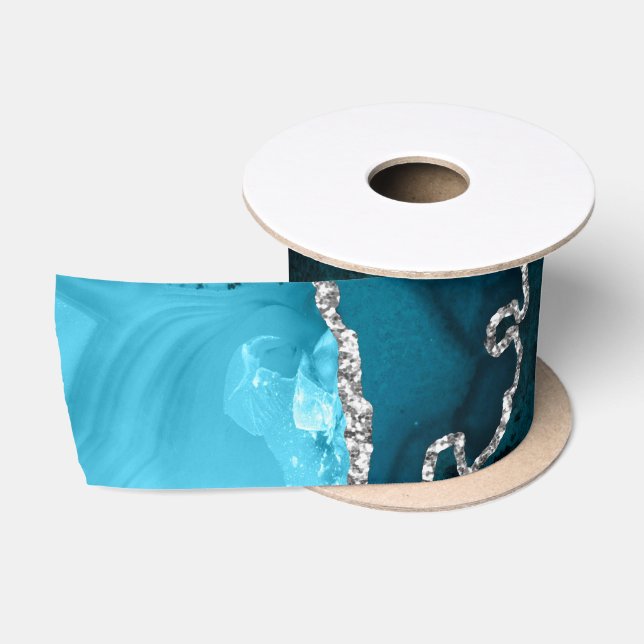 Teal Blue and Silver Faux Glitter Agate Satin Ribbon (Spool)