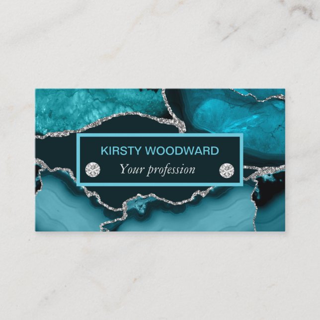 Teal Blue and Silver Glitter Agate Business Card (Front)