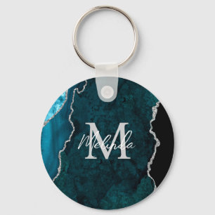 Teal Blue and Silver Marble Agate Key Ring