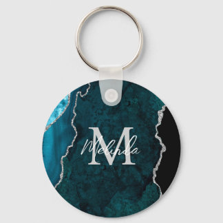 Teal Blue and Silver Marble Agate Key Ring
