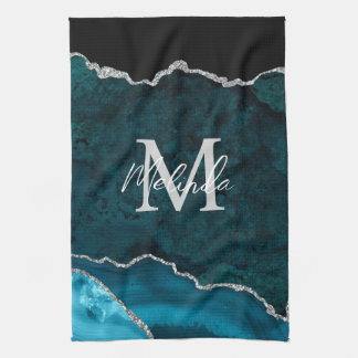 Teal Blue and Silver Marble Agate Tea Towel