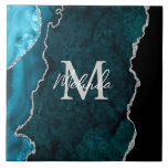 Teal Blue and Silver Marble Agate Tile<br><div class="desc">This tile features an elegant and glamourous agate marble background with geode gemstone detailing and faux silver glitter accents. The monogram combines handwritten script and modern sans serif fonts for a classy and sophisticated look. This will make the ideal gift as it can be customised with a name and initial....</div>
