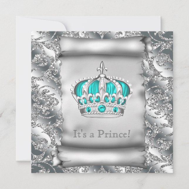Teal Blue and Silver Prince Baby Shower Invitation (Front)