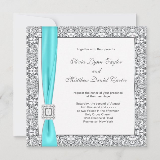 Teal Blue and Silver Wedding Invitation (Front)