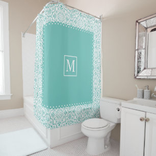 Teal blue and white damask pattern and monogram shower curtain