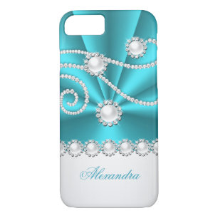 Teal Blue and White Faux Diamond Jewel Case-Mate iPhone Case