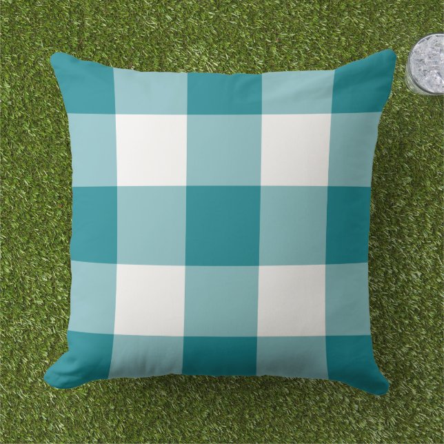 Teal Blue and White Gingham Plaid Pattern Cushion (Grass)