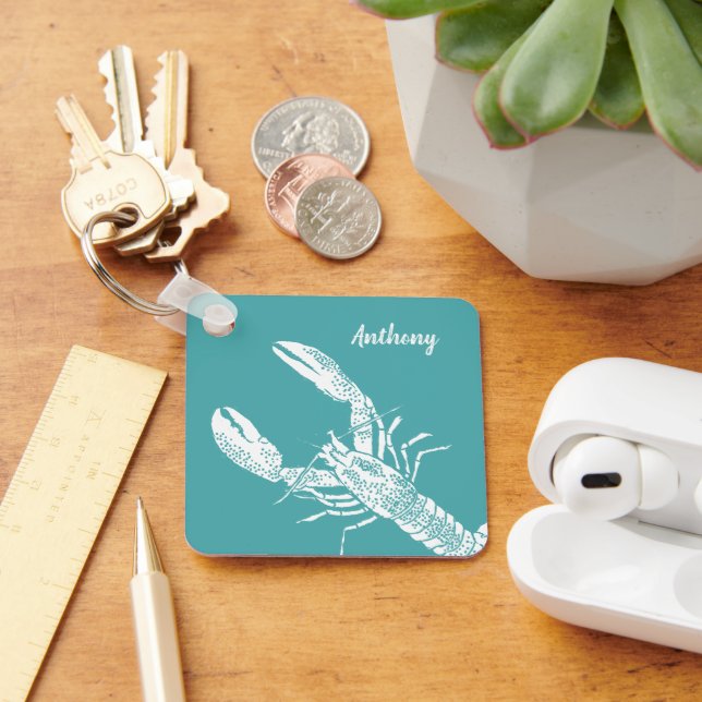 Teal Blue and White Lobster Personalised Key Ring (Desk)