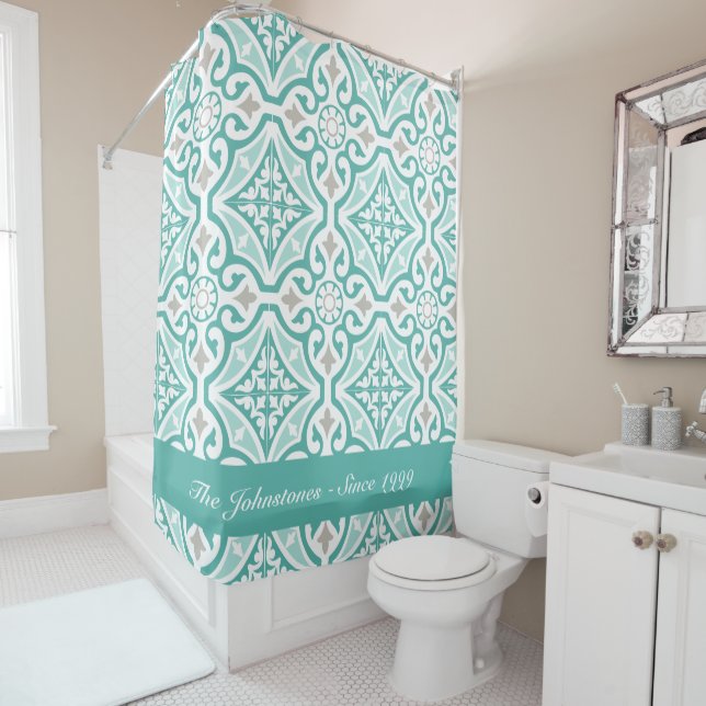 Teal Blue and White Moroccan Trellis Tile Print Shower Curtain (In Situ)