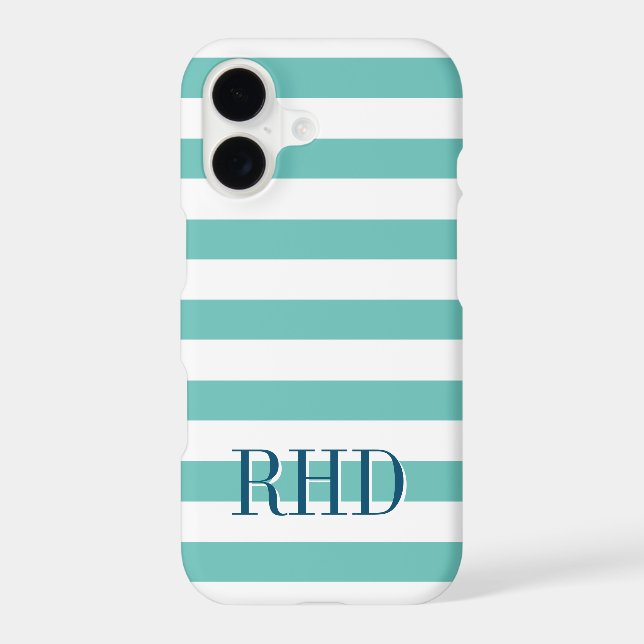 Teal blue and white nautical stripes custom name iPhone case (Back)
