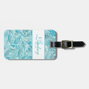 Teal Blue And White Paisley Monogrammed Luggage T Tag