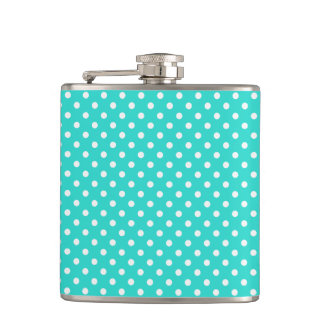 Teal Blue and White Polka Dots Pattern Hip Flask