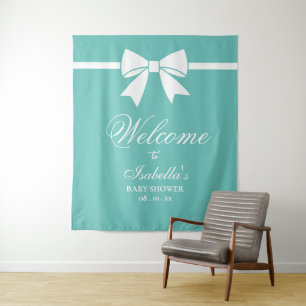 Teal Blue And White Ribbon Bow Baby Shower Welcome Tapestry