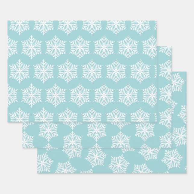 Teal Blue and White Snowflakes Christmas Wrapping Paper Sheet (Set)