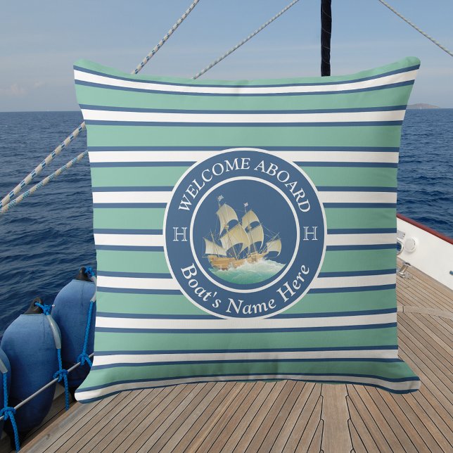 Teal Blue and White Striped Nautical Boat Name  Cushion (Creator Uploaded)