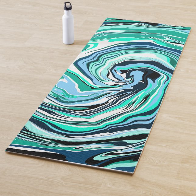 Teal, Blue and White Swirls Fluid Art   Yoga Mat (In Situ)