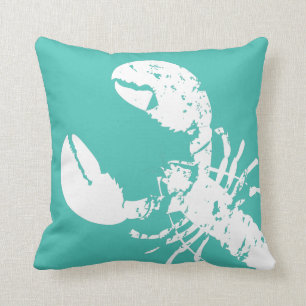 Teal Blue and White Weathered Lobster Surf Shack Cushion