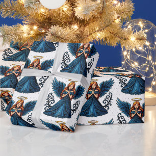 Teal Blue Angels Elegant Celestial Christmas Wrapping Paper