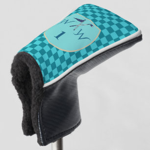 Teal Blue & Aqua Chequered Monogram Golf Head Cover