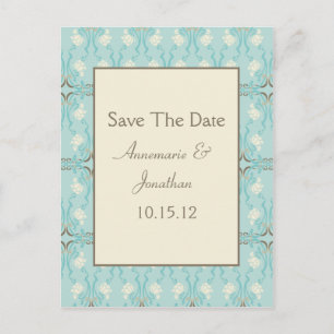 Teal Blue Aqua Cream Floral Save The Date Announcement Postcard