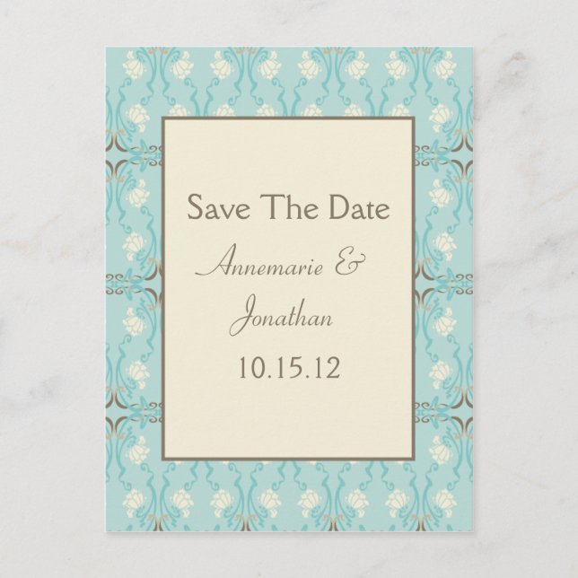 Teal Blue Aqua Cream Floral Save The Date Announcement Postcard (Front)