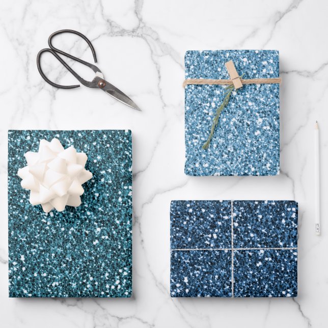Teal Blue Aqua Glitter Wrapping Paper Sheet (Front)