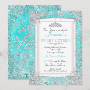 Teal Blue Aqua Silver Winter Wonderland Sweet 16 Invitation