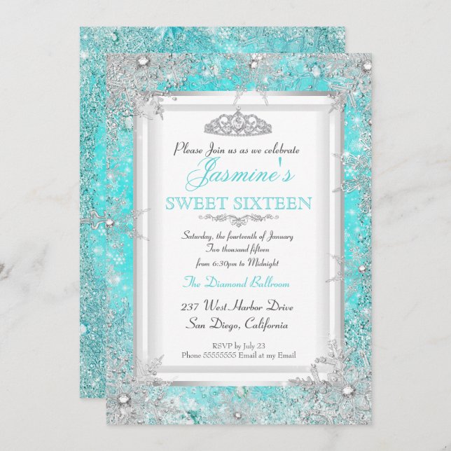 Teal Blue Aqua Silver Winter Wonderland Sweet 16 Invitation (Front/Back)