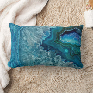 Teal Blue Aqua Turquoise Geode Crystals Pattern Lumbar Cushion