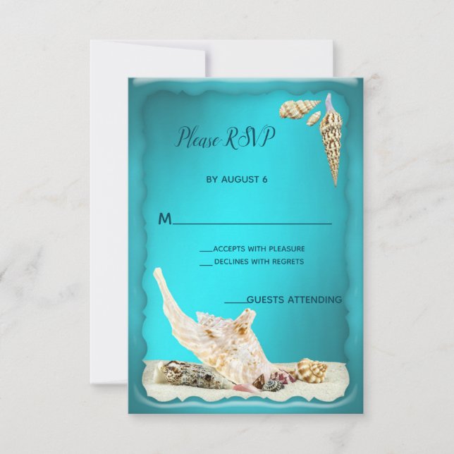 Teal Blue Aqua Turquoise Seashell Wedding RSVP Card (Front)
