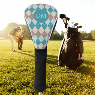 Teal Blue Argyle Pattern Monogram Golf Head Cover