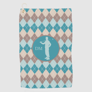 Teal Blue Argyle Silhouette Golfer Monogram Golf Towel