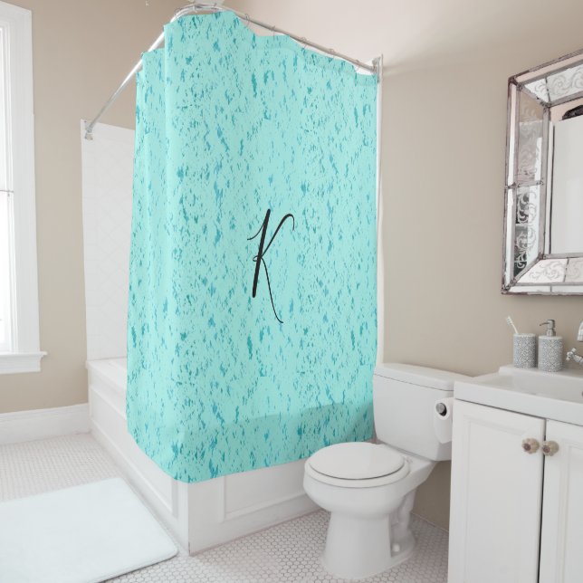 Teal Blue Artsy Patterns Monogram Colourful Elegan Shower Curtain (In Situ)