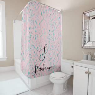 Teal Blue Artsy Patterns Monograms Name Blush Pink Shower Curtain