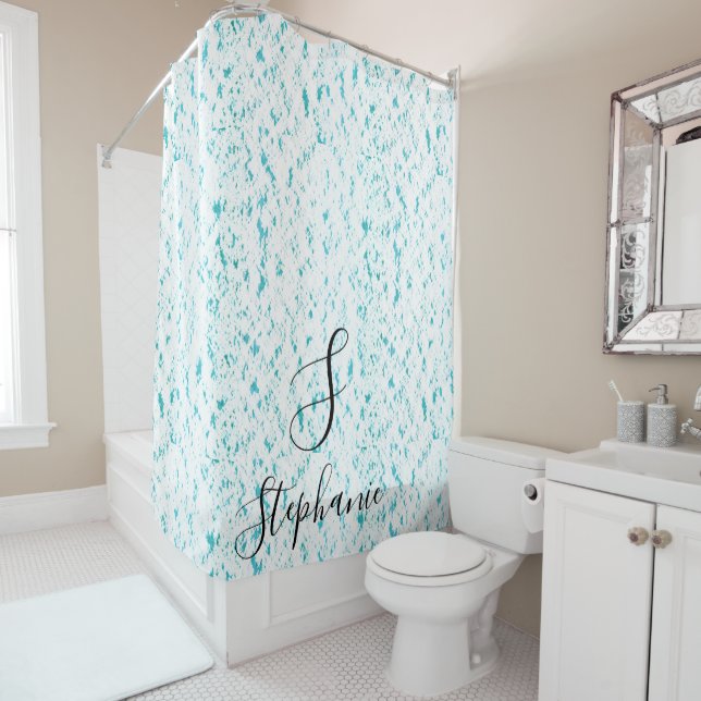 Teal Blue Artsy Patterns Monograms Name White Cool Shower Curtain (In Situ)