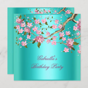 Teal Blue Asian Floral Birthday Party Invitation