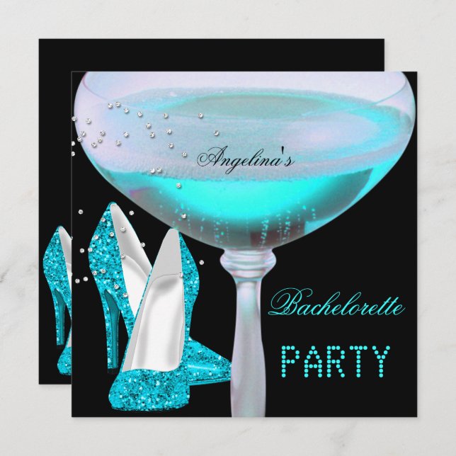 Teal Blue Bachelorette Party Champagne Shoes Invitation (Front/Back)