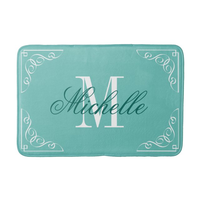 Teal blue bath mat with elegant name monogram (Front)