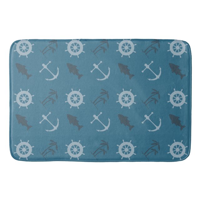 Teal Blue Beach Anchors Palm Trees Bath Mat (Front)
