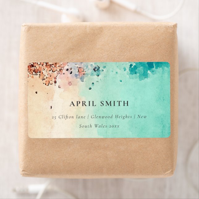 TEAL BLUE BEACH SAND ROCK WATERCOLOR ADDRESS  (Insitu)