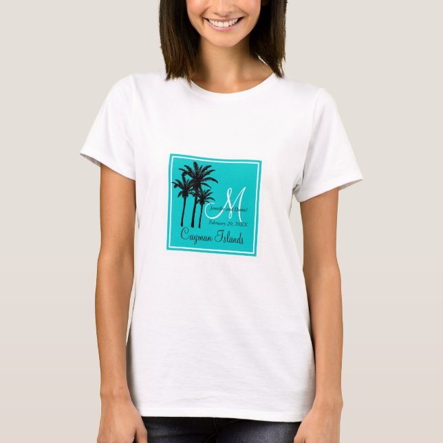 Teal Blue Beach Wedding Palm Trees T-Shirt (Front)
