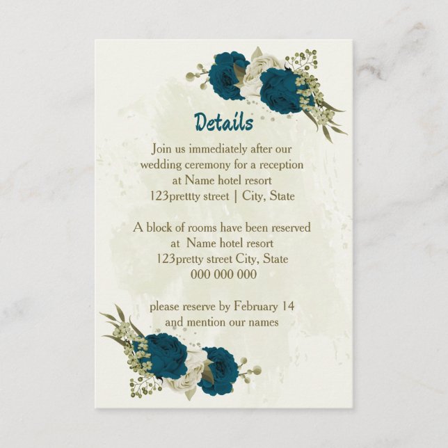 teal blue beige botanical wedding details enclosure card (Front)